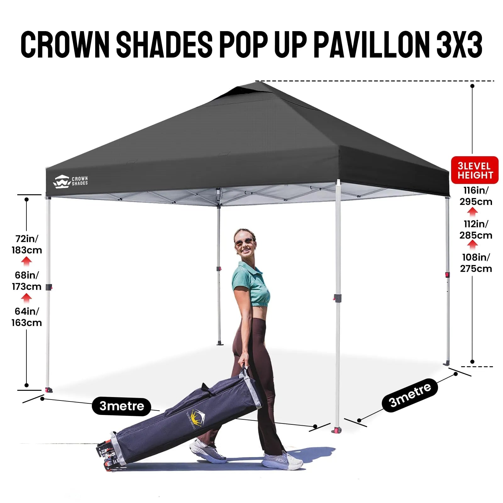Pop-Up Faltpavillon 3 × 3 m – Wasserdicht, UV50+, Höhenverstellbar, mit Seitenteilen