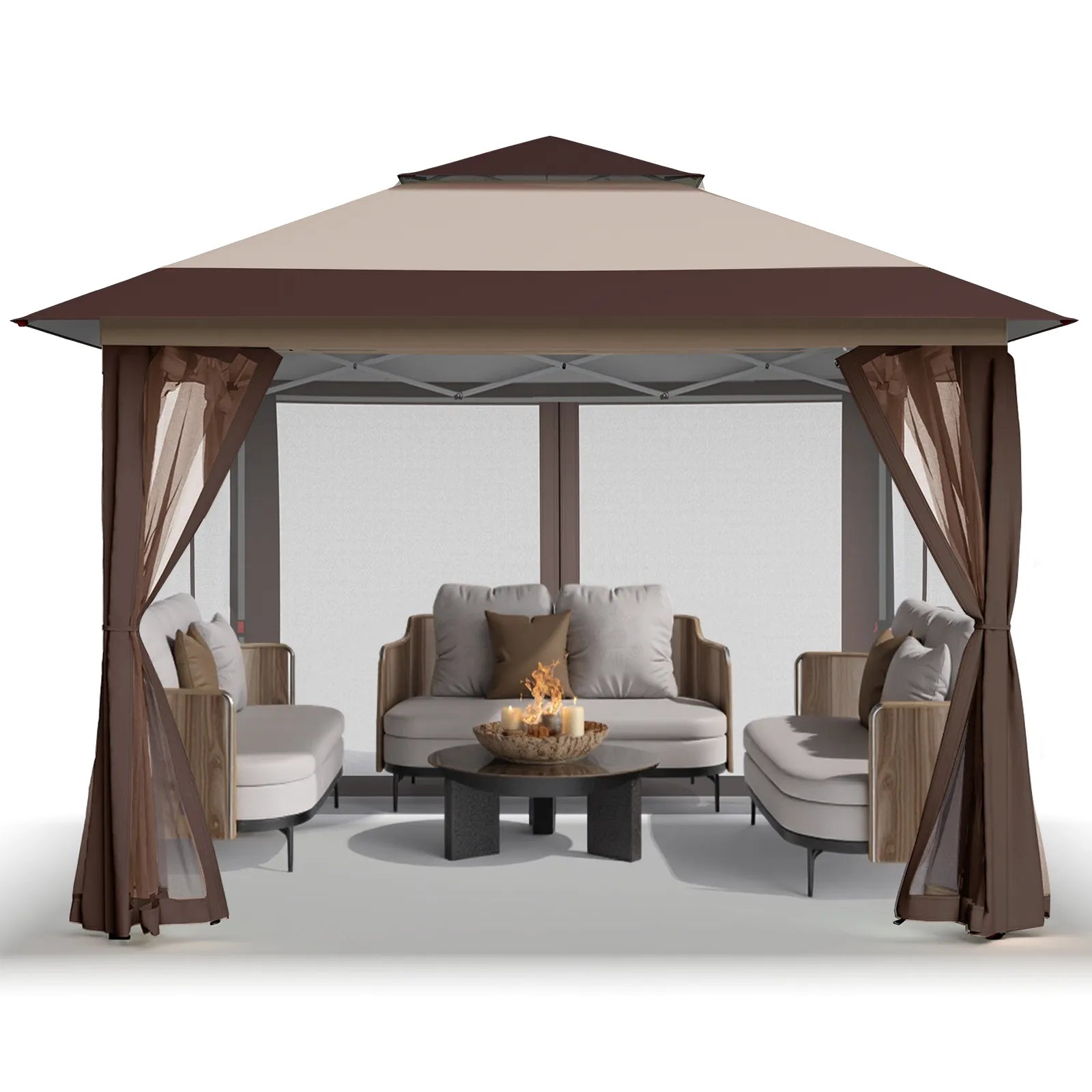 tent gazebo Crown Shades 11x11 ft Pop Up Gazebo w/Mosquito Net Sidewalls, Red/Grey (Used)