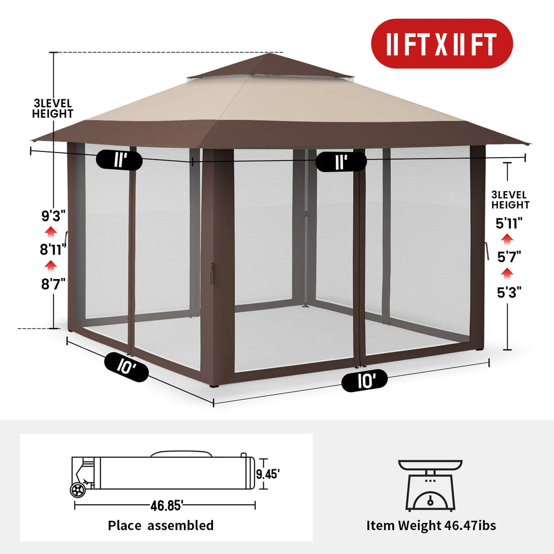 Tente de tonnelle pop-up 11x11 avec murs en maille