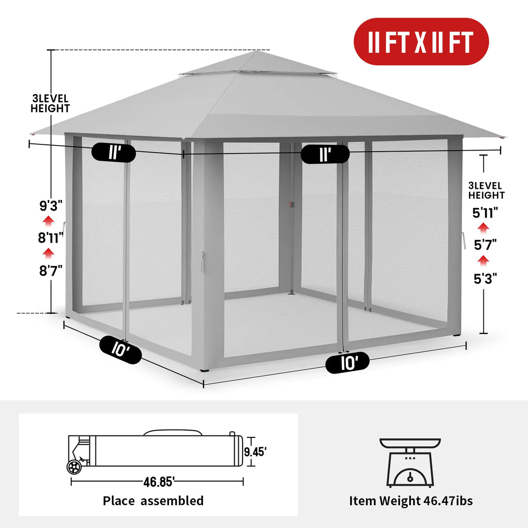 Tente de tonnelle pop-up 11x11 avec murs en maille