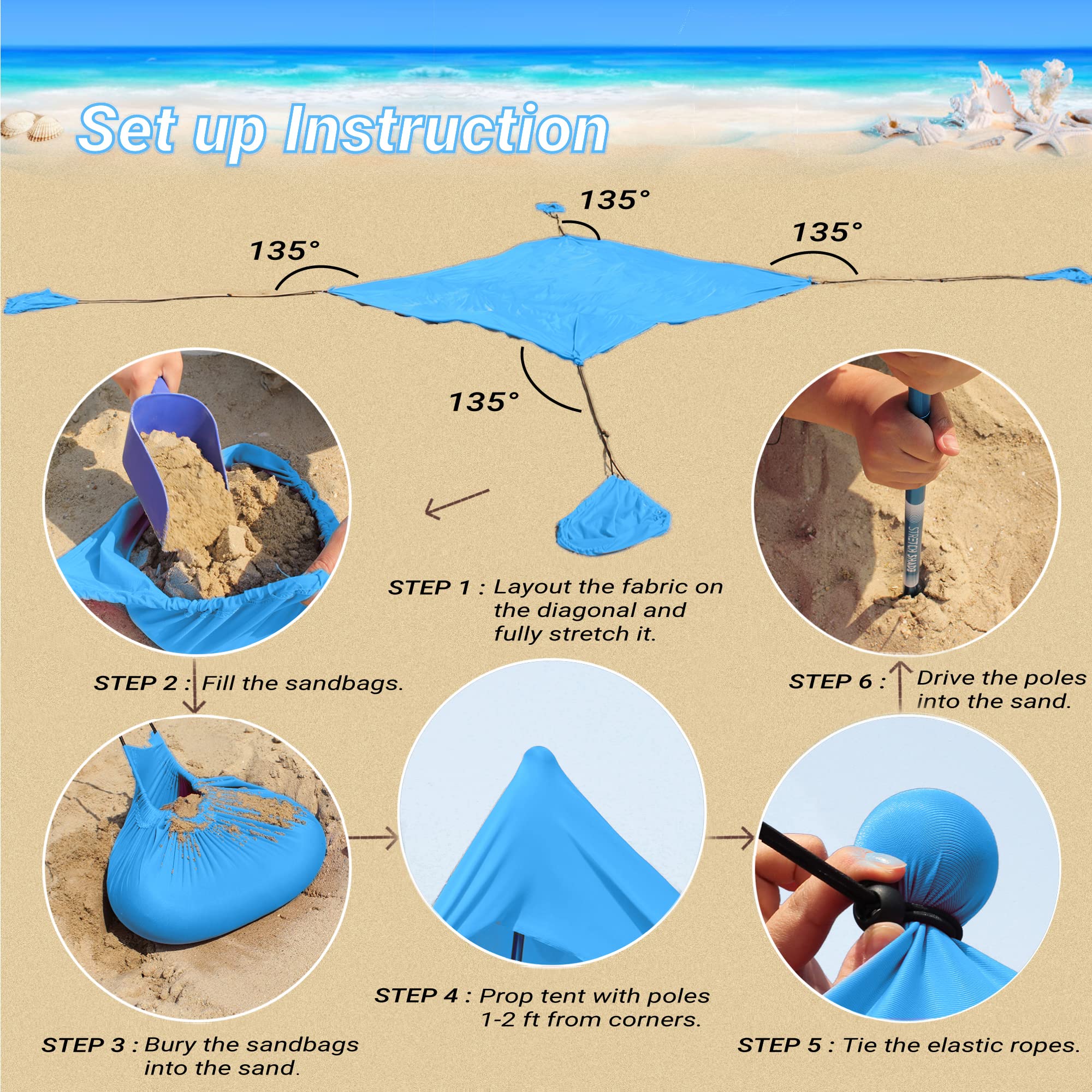 Refugio Solar de Playa 10x10 - Pala de Arena, Postes Telescópicos, Estacas para el Suelo - BT100, BT49