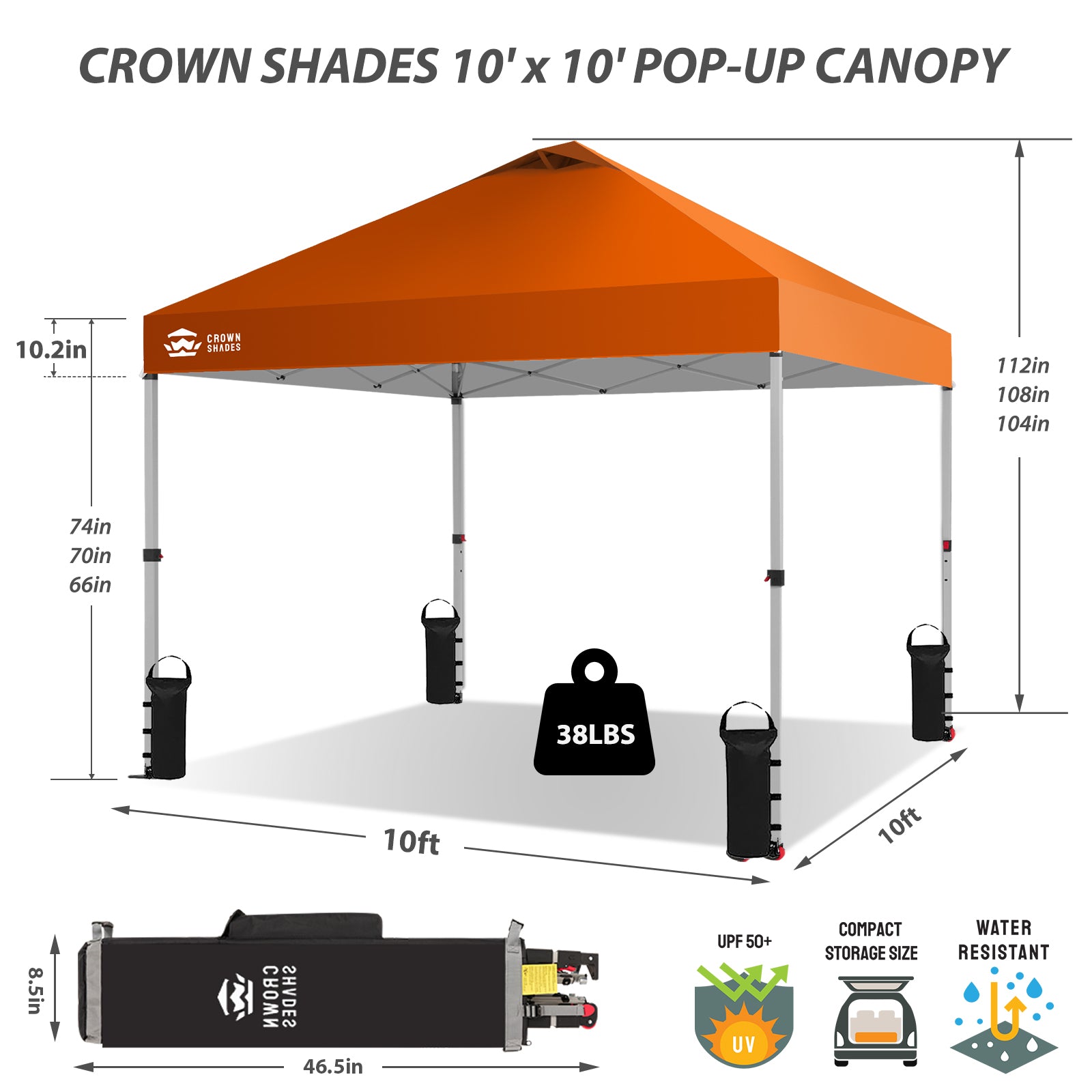 Crown Shades 10x10 Pop Up Canopy Tent, Outdoor Shelter with Wheeled Bag, Orange