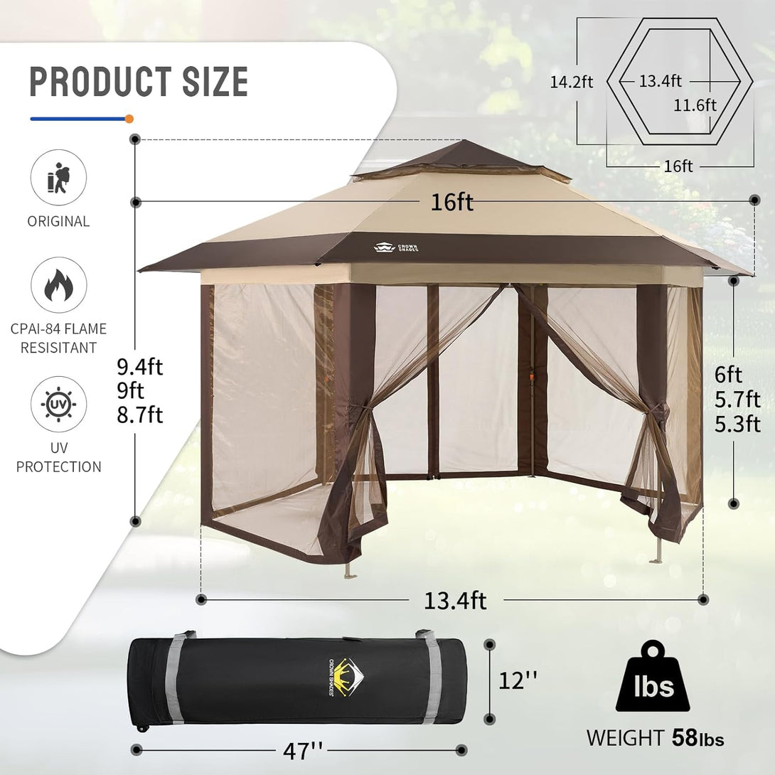 13x13 Pop Up Gazebo - 6-Sided Canopy Tent with Mosquito Netting