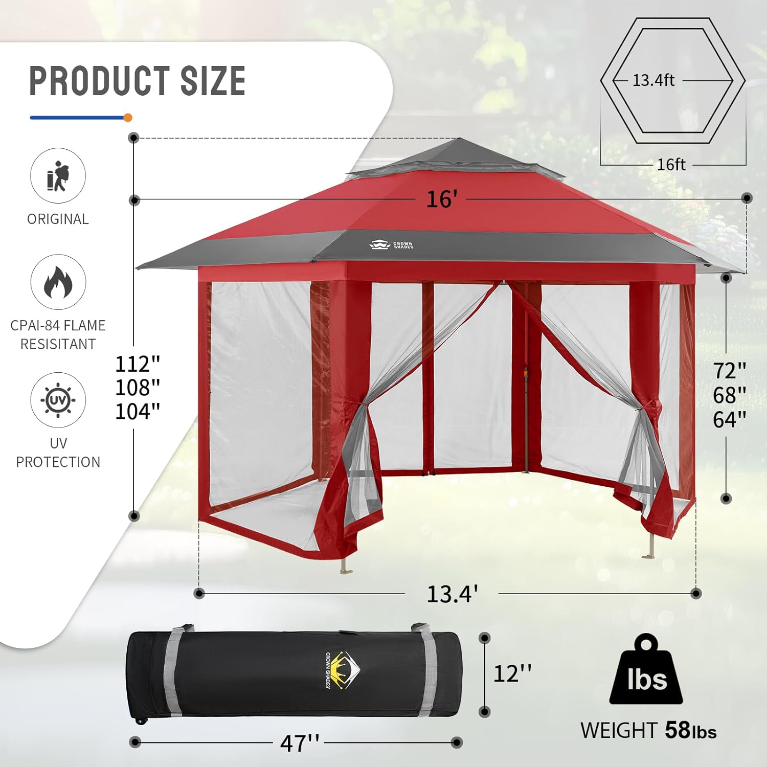 CROWN SHADES 13x13 Pop Up Gazebo - 6-Sided Canopy Tent with