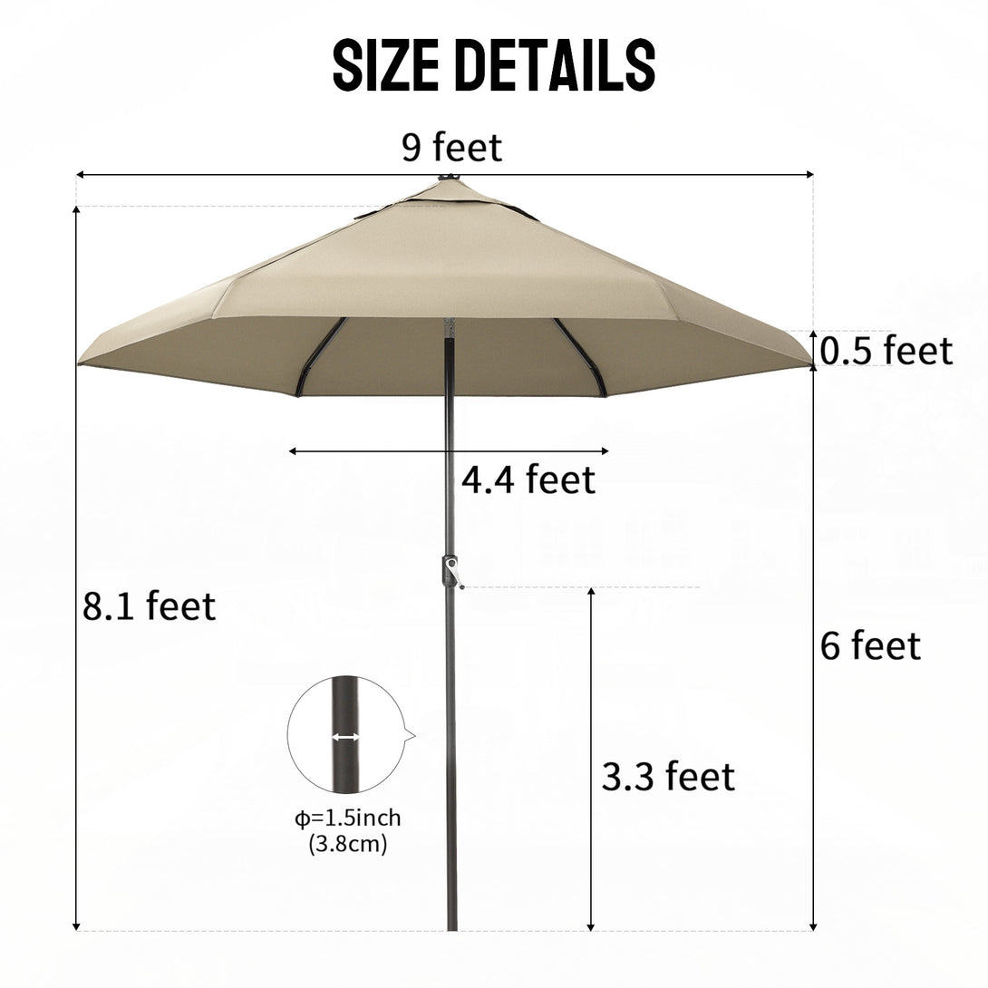 Parasol de patio auto-inclinable de 9 pieds - Connexion de bord brevetée à 45° avec tissu en oléfine