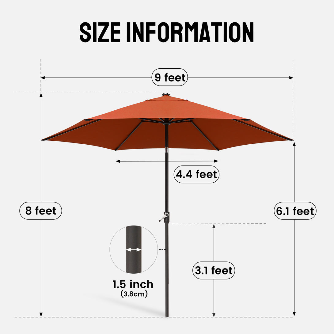 Ombrellone da Patio Antivento da 9 Ft – Inclinazione a Pulsante a 30° con Poliestere Durevole