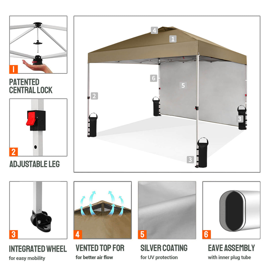 CROWN SHADES 10x10 Pop Up Canopy with 1 Side Wall - Beach Tent with One Push Setup