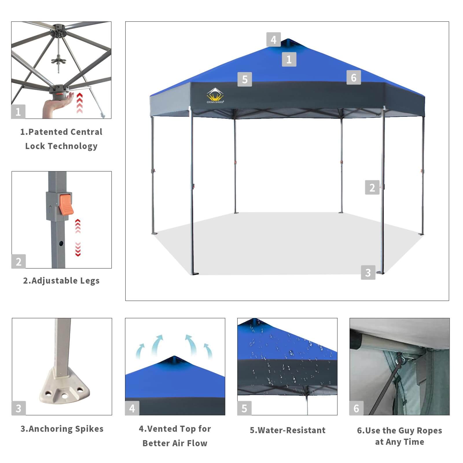 CROWN SHADES 14x14 Pop up Gazebo Patented Center Lock 6 Sided Portable Gazebo Easy Set Up 300D Silver Coated Fabric UV Resistant