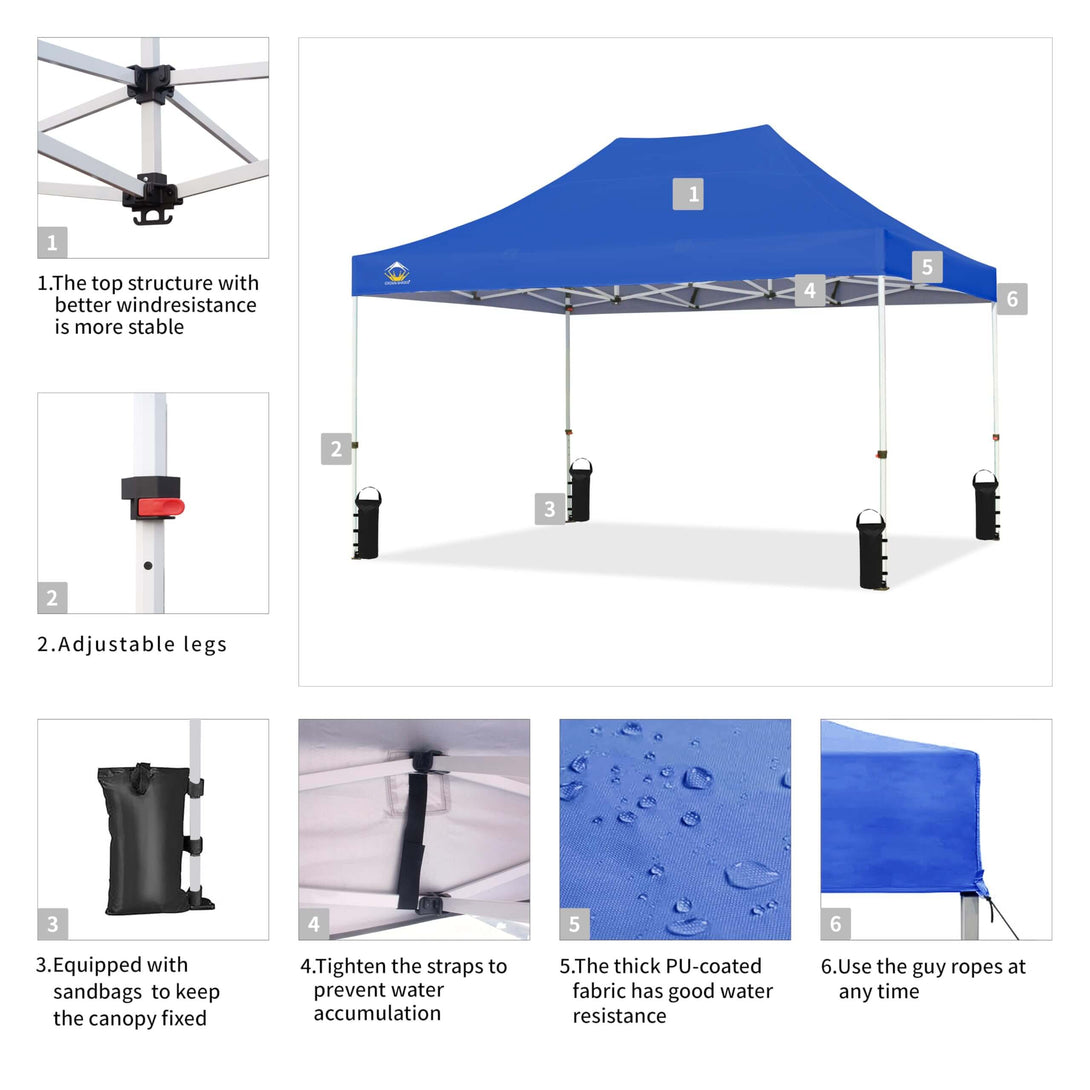 CROWN SHADES 10x15 Pop Up Canopy Tent,Silver-Coated Thicken Frame Commercial Heavy Duty Tent, 8 Stakes & 4 Sandbags & 4 Ropes