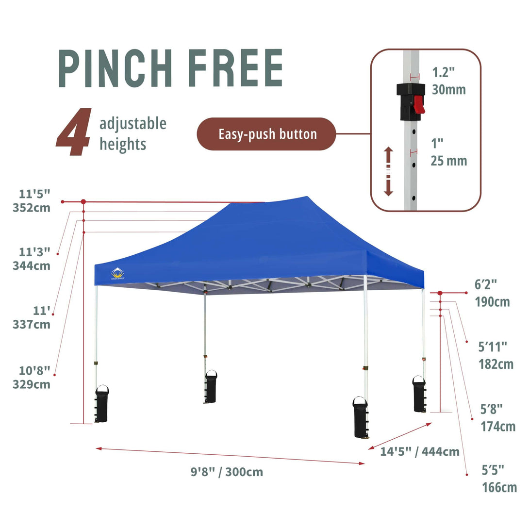 CROWN SHADES 10x15 Pop Up Canopy Tent,Silver-Coated Thicken Frame Commercial Heavy Duty Tent, 8 Stakes & 4 Sandbags & 4 Ropes