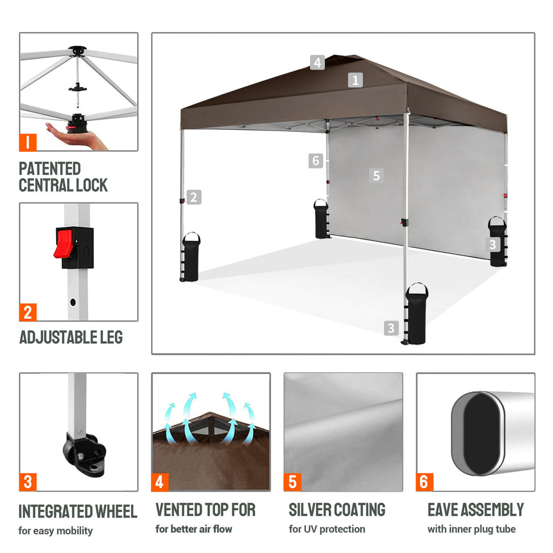 CROWN SHADES 10x10 Pop Up Canopy with 1 Side Wall - Beach Tent with One Push Setup