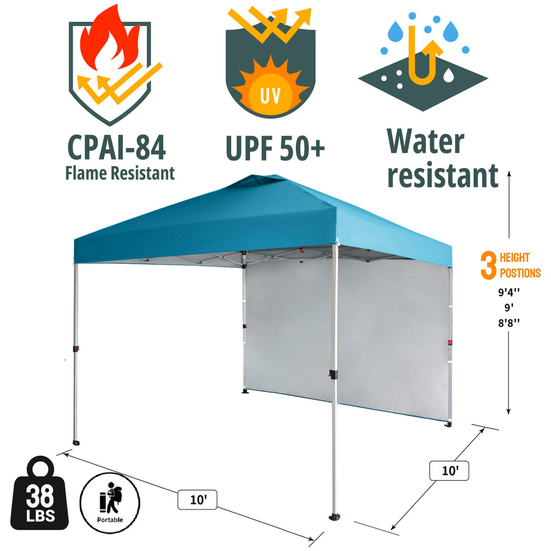 CROWN SHADES 10x10 Pop Up Canopy with 1 Side Wall - Beach Tent with One Push Setup