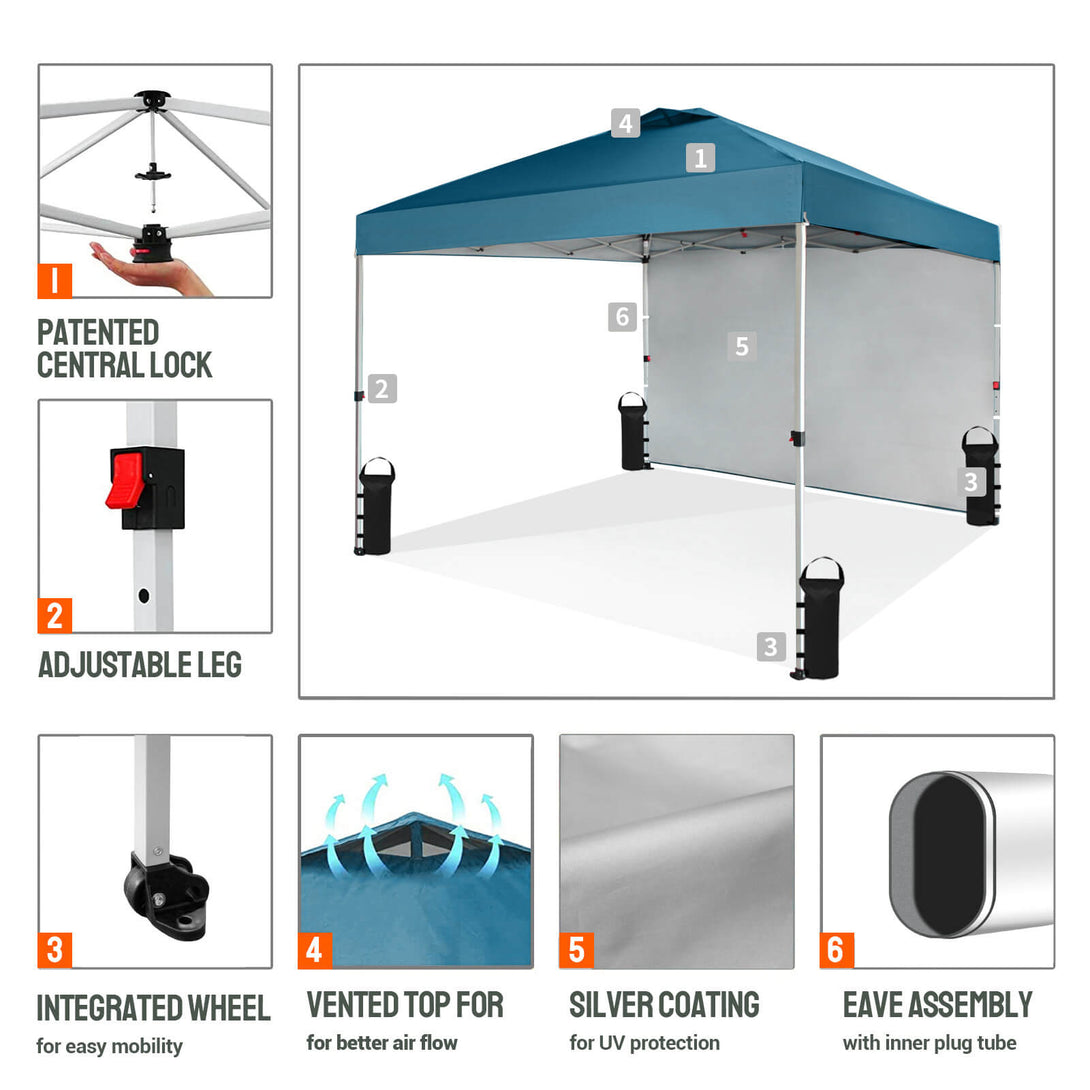 CROWN SHADES 10x10 Pop Up Canopy with 1 Side Wall - Beach Tent with One Push Setup