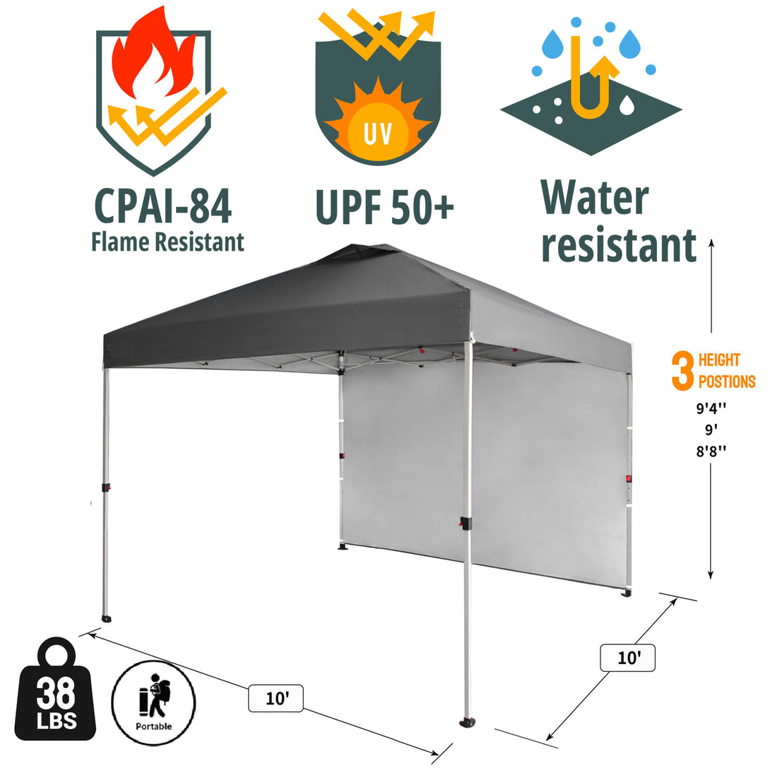 CROWN SHADES 10x10 Pop Up Canopy with 1 Side Wall - Beach Tent with One Push Setup