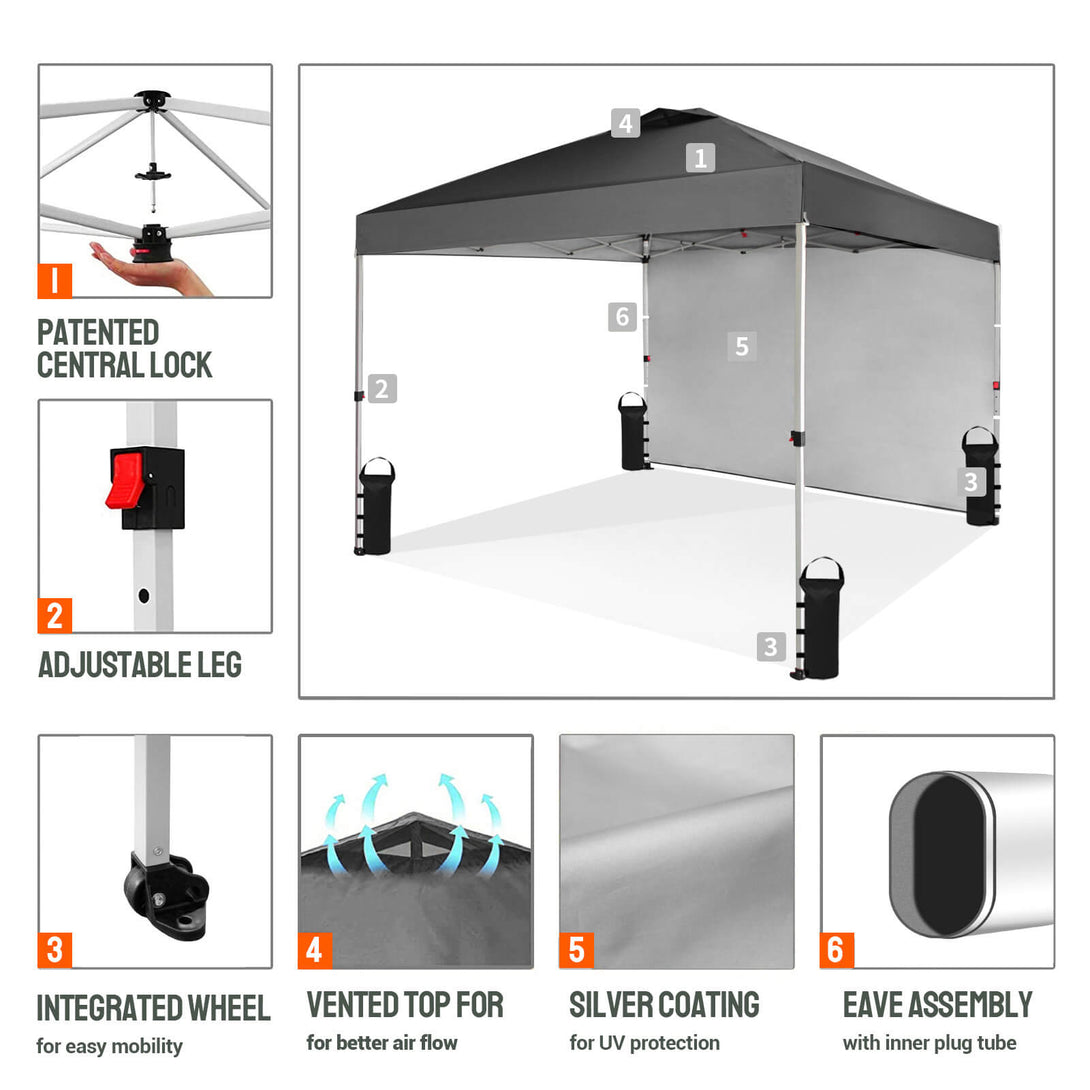 CROWN SHADES 10x10 Pop Up Canopy with 1 Side Wall - Beach Tent with One Push Setup