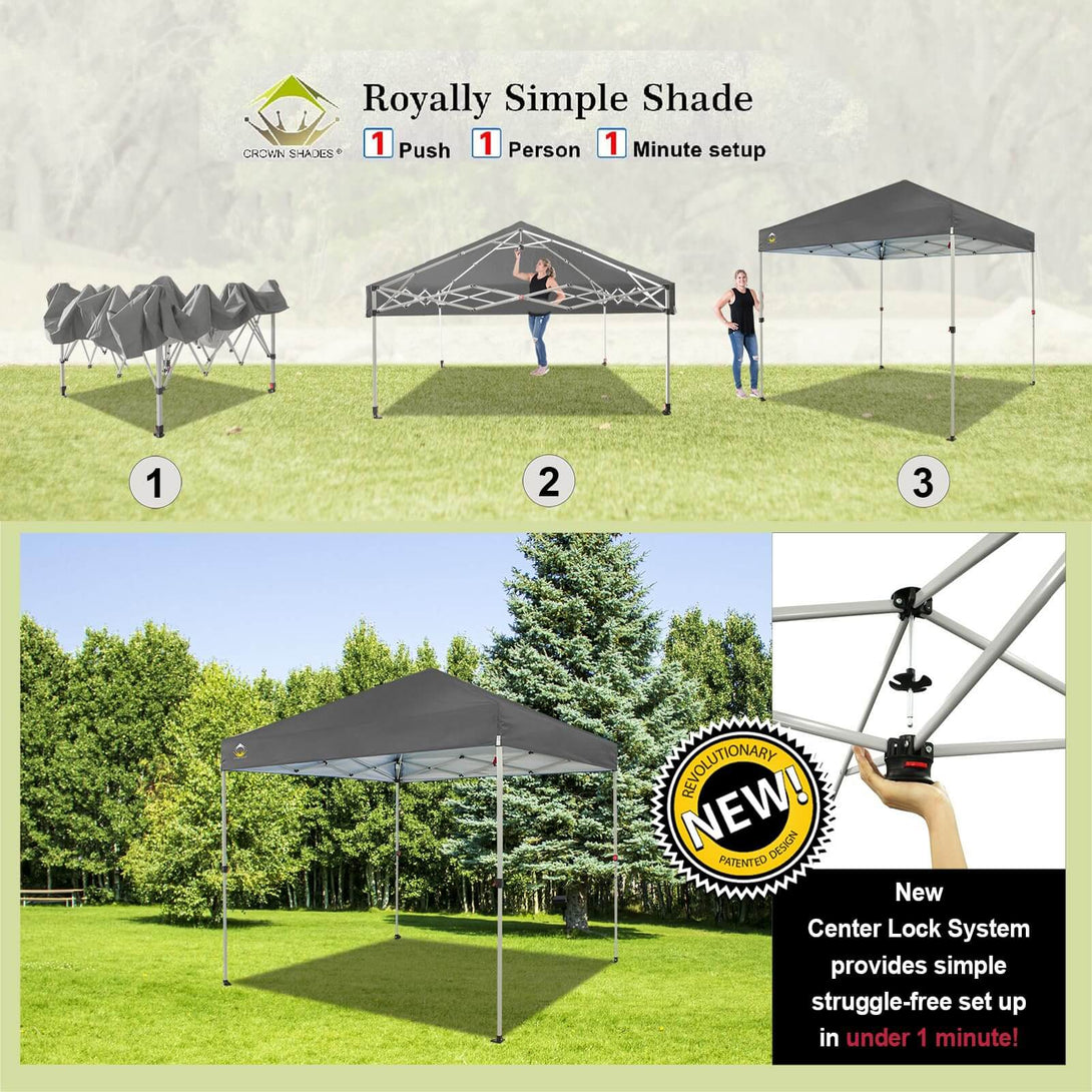 CROWN SHADES 8x8 Pop Up Canopy, Patented Center Lock One Push Tent Canopy, Newly Designed Storage Bag, 8 Stakes, 4 Ropes