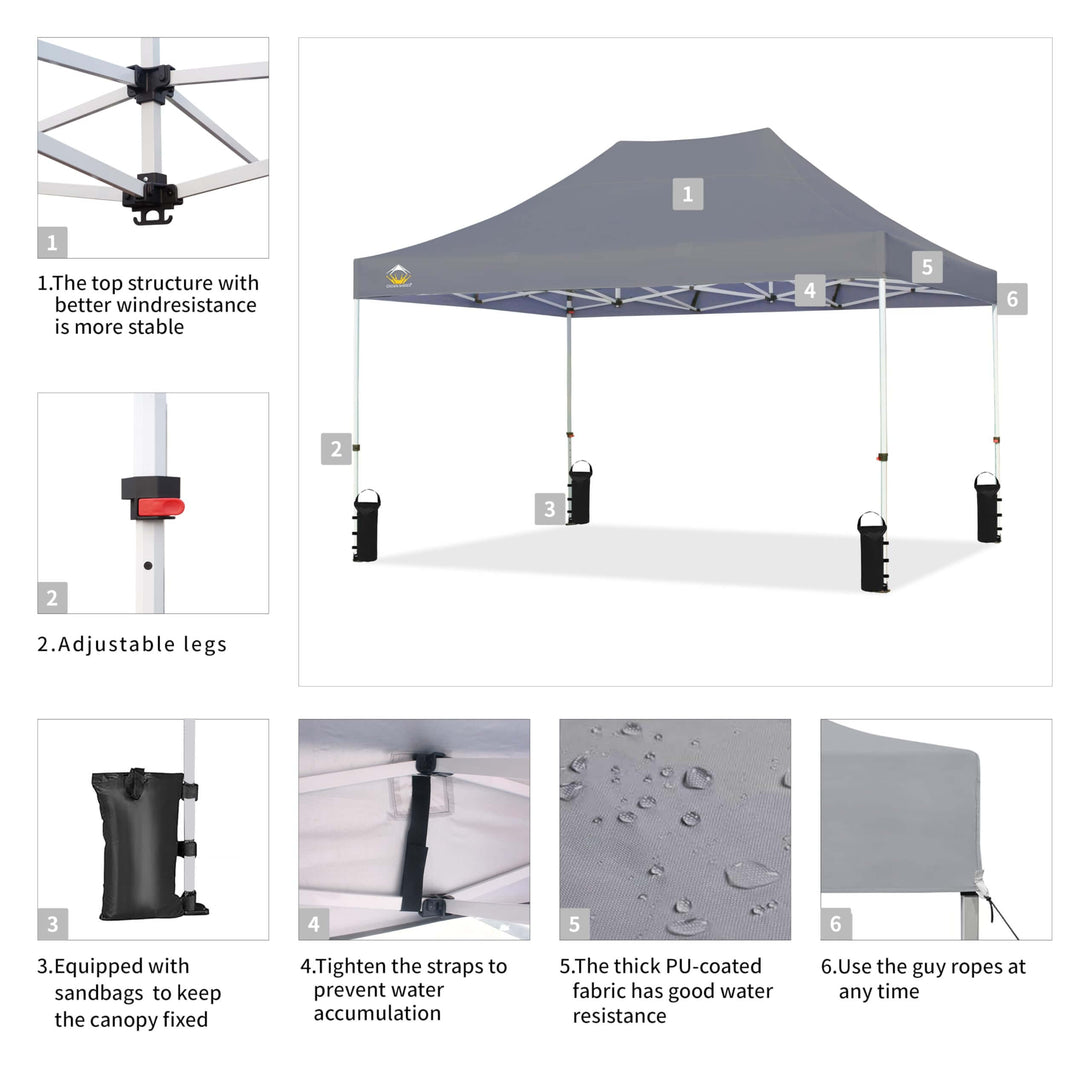 CROWN SHADES 10x15 Pop Up Canopy Tent,Silver-Coated Thicken Frame Commercial Heavy Duty Tent, 8 Stakes & 4 Sandbags & 4 Ropes