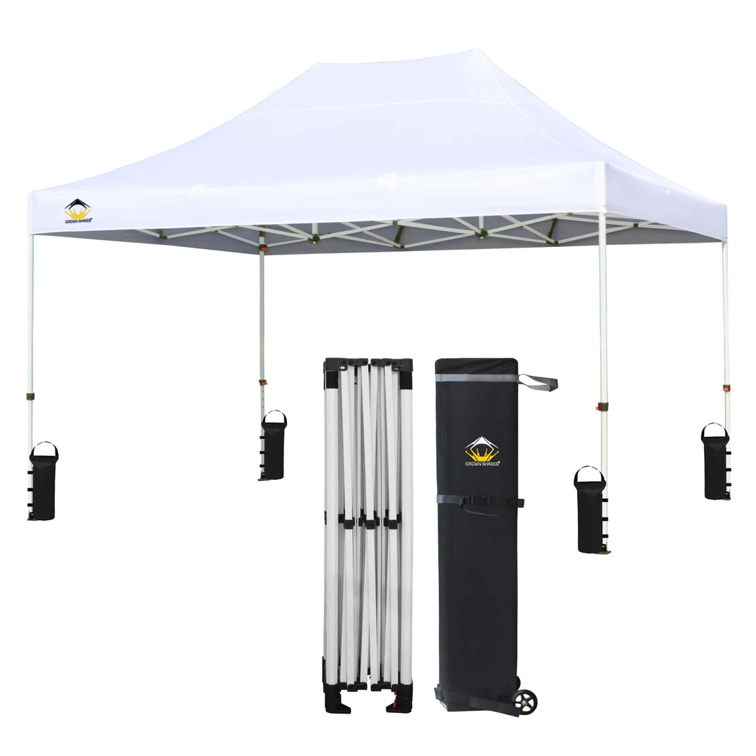 CROWN SHADES 10x15 Pop Up Canopy Tent,Silver-Coated Thicken Frame Commercial Heavy Duty Tent, 8 Stakes & 4 Sandbags & 4 Ropes