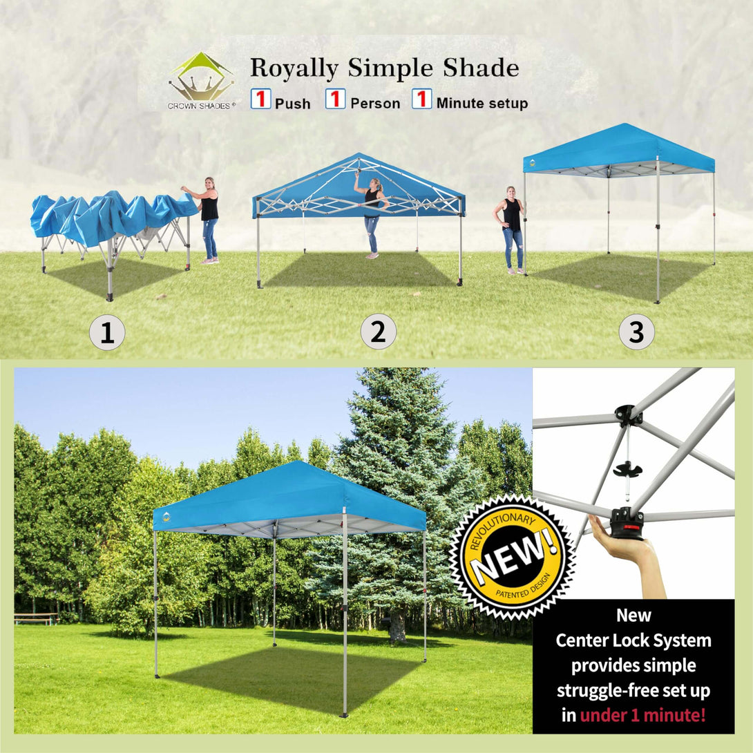 CROWN SHADES 8x8 Pop Up Canopy, Patented Center Lock One Push Tent Canopy, Newly Designed Storage Bag, 8 Stakes, 4 Ropes