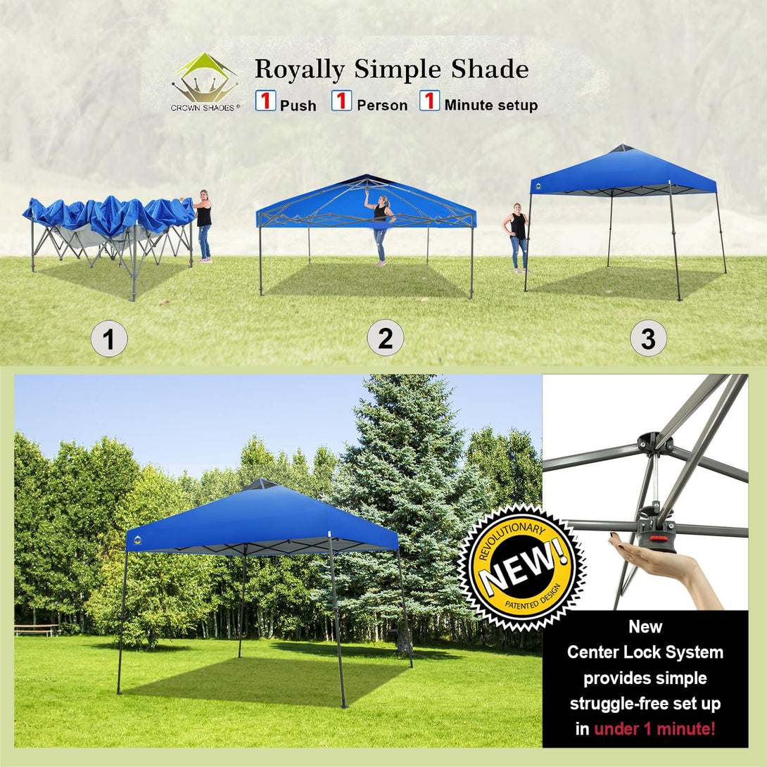 CROWN SHADES Canopy Tent 9x9 One Push Pop up Canopy Easy Up Canopy Bonus Wheeled Bag, 8 Stakes, 4 Ropes