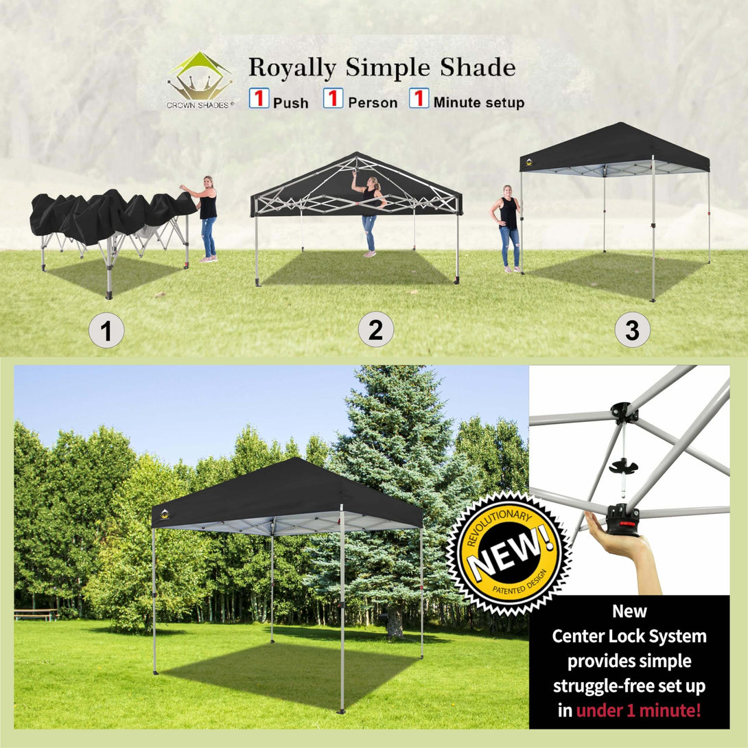 CROWN SHADES 8x8 Pop Up Canopy, Patented Center Lock One Push Tent Canopy, Newly Designed Storage Bag, 8 Stakes, 4 Ropes