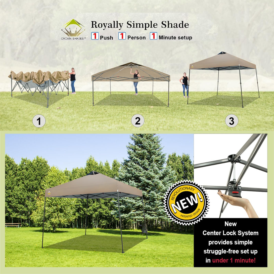 CROWN SHADES Canopy Tent 9x9 One Push Pop up Canopy Easy Up Canopy Bonus Wheeled Bag, 8 Stakes, 4 Ropes