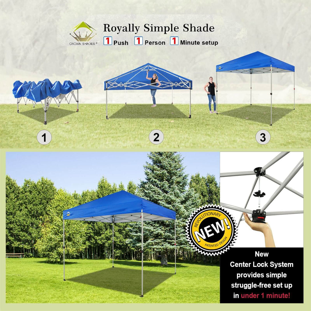 CROWN SHADES 8x8 Pop Up Canopy, Patented Center Lock One Push Tent Canopy, Newly Designed Storage Bag, 8 Stakes, 4 Ropes