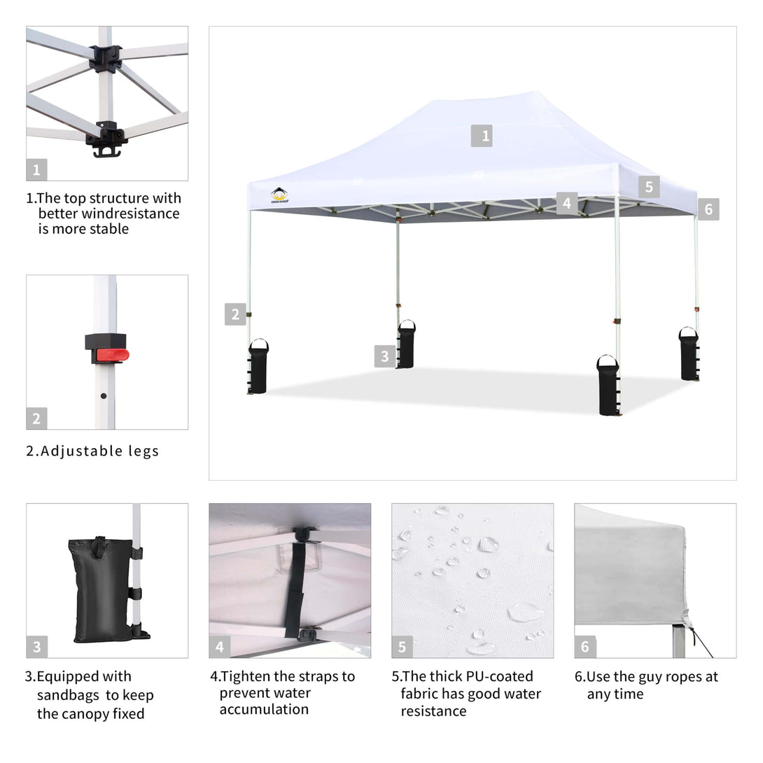 CROWN SHADES 10x15 Pop Up Canopy Tent,Silver-Coated Thicken Frame Commercial Heavy Duty Tent, 8 Stakes & 4 Sandbags & 4 Ropes