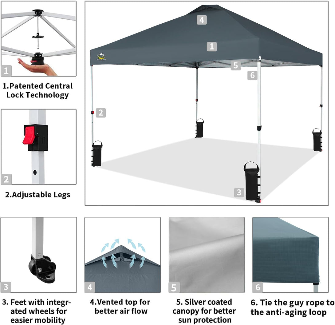 CROWN SHADES 10x10 Pop up Canopy Tent RM100H, Patented One Push Pop Up Tent with Wheeled Carry Bag