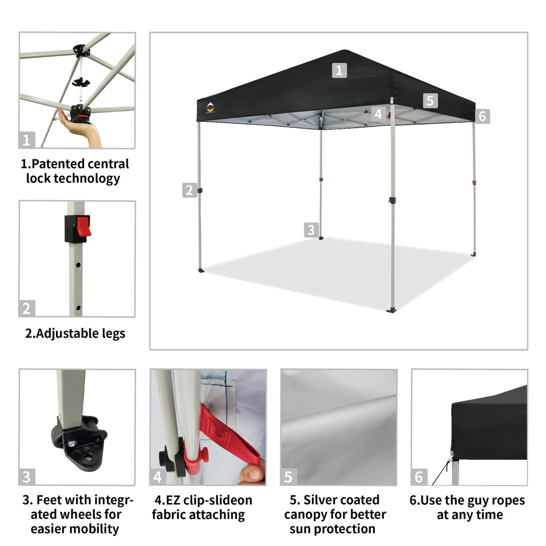 CROWN SHADES 8x8 Pop Up Canopy, Patented Center Lock One Push Tent Canopy, Newly Designed Storage Bag, 8 Stakes, 4 Ropes