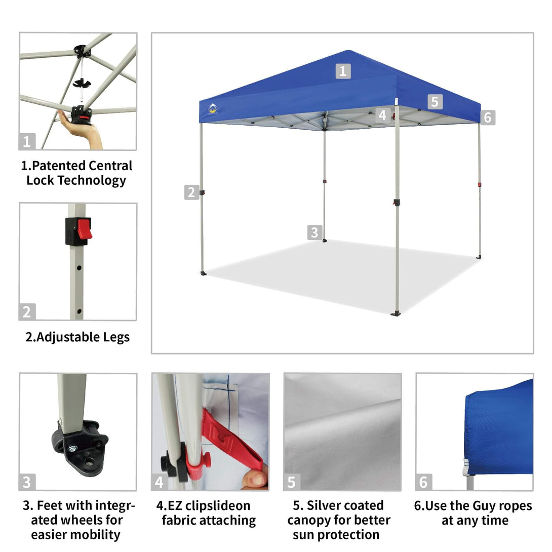 CROWN SHADES 8x8 Pop Up Canopy, Patented Center Lock One Push Tent Canopy, Newly Designed Storage Bag, 8 Stakes, 4 Ropes