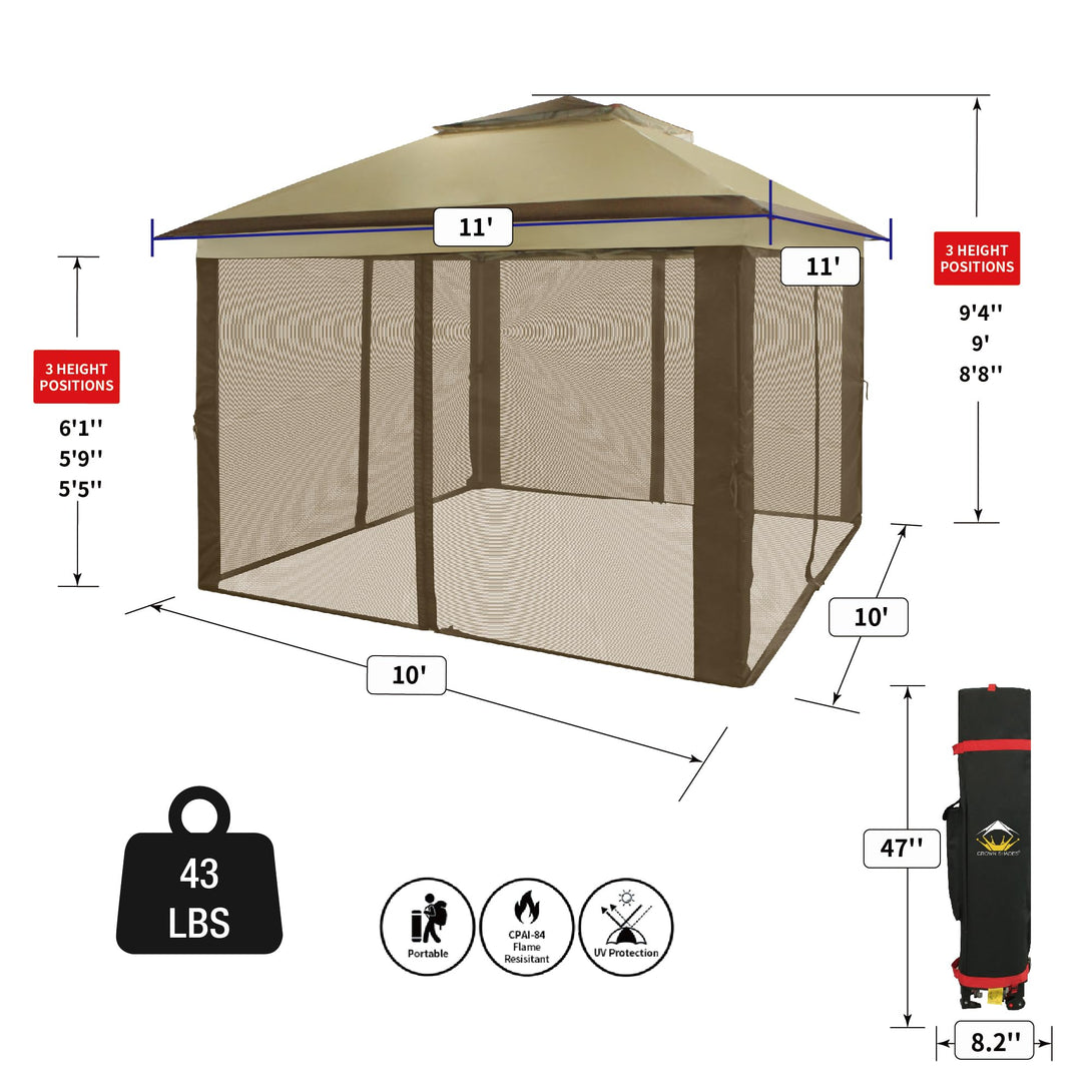 CROWN SHADES 11x11 Pop Up Gazebo, Patented One Push Outoor Canopy Tent with Wheeled STO-N-Go Cover Bag