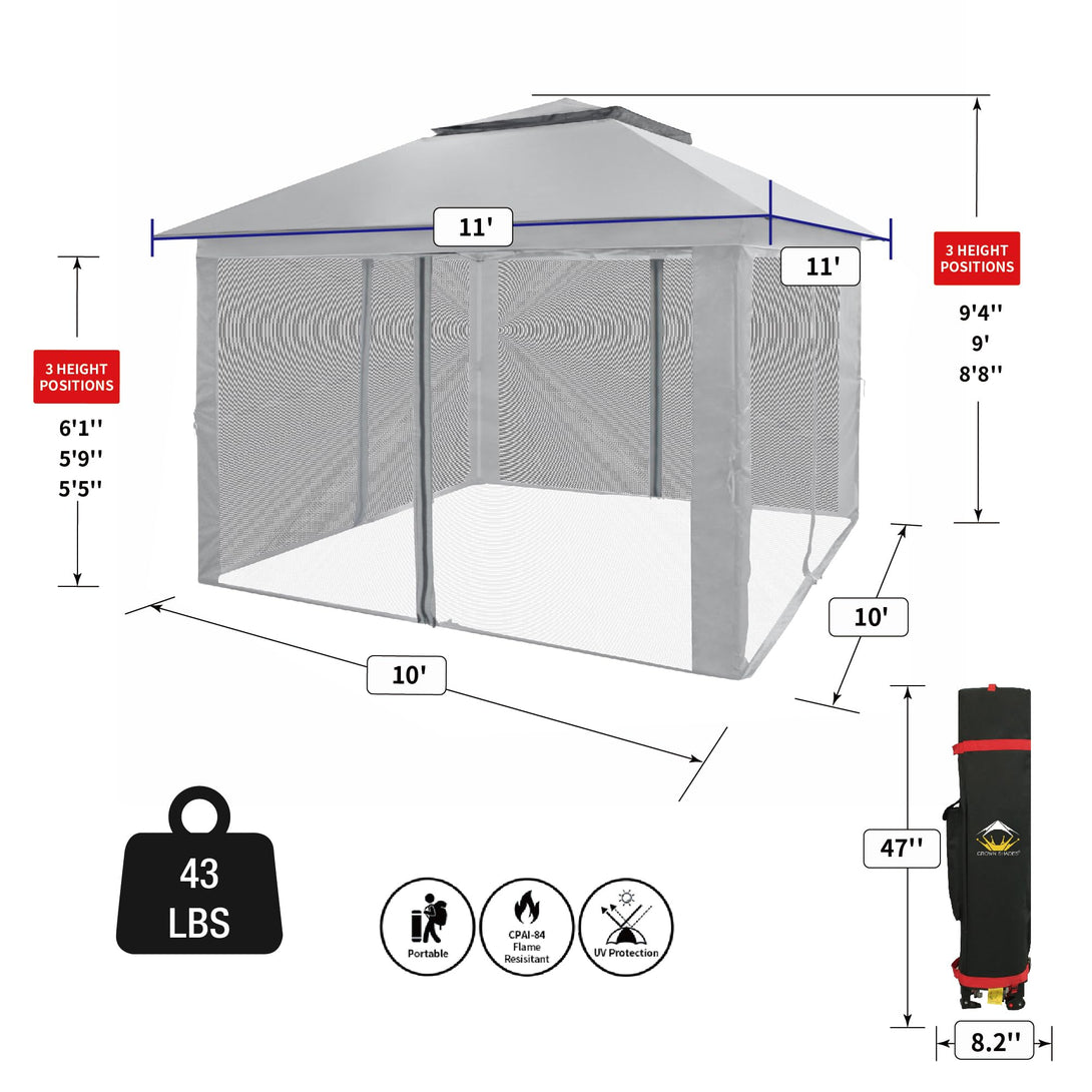 CROWN SHADES 11x11 Pop Up Gazebo, Patented One Push Outoor Canopy Tent with Wheeled STO-N-Go Cover Bag