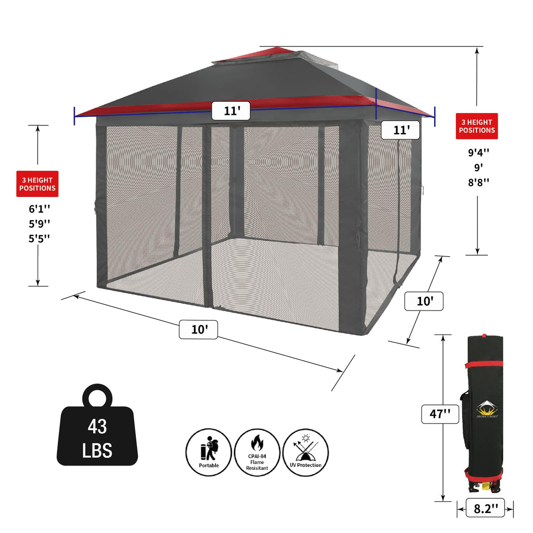 CROWN SHADES 11x11 Pop Up Gazebo, Patented One Push Outoor Canopy Tent with Wheeled STO-N-Go Cover Bag