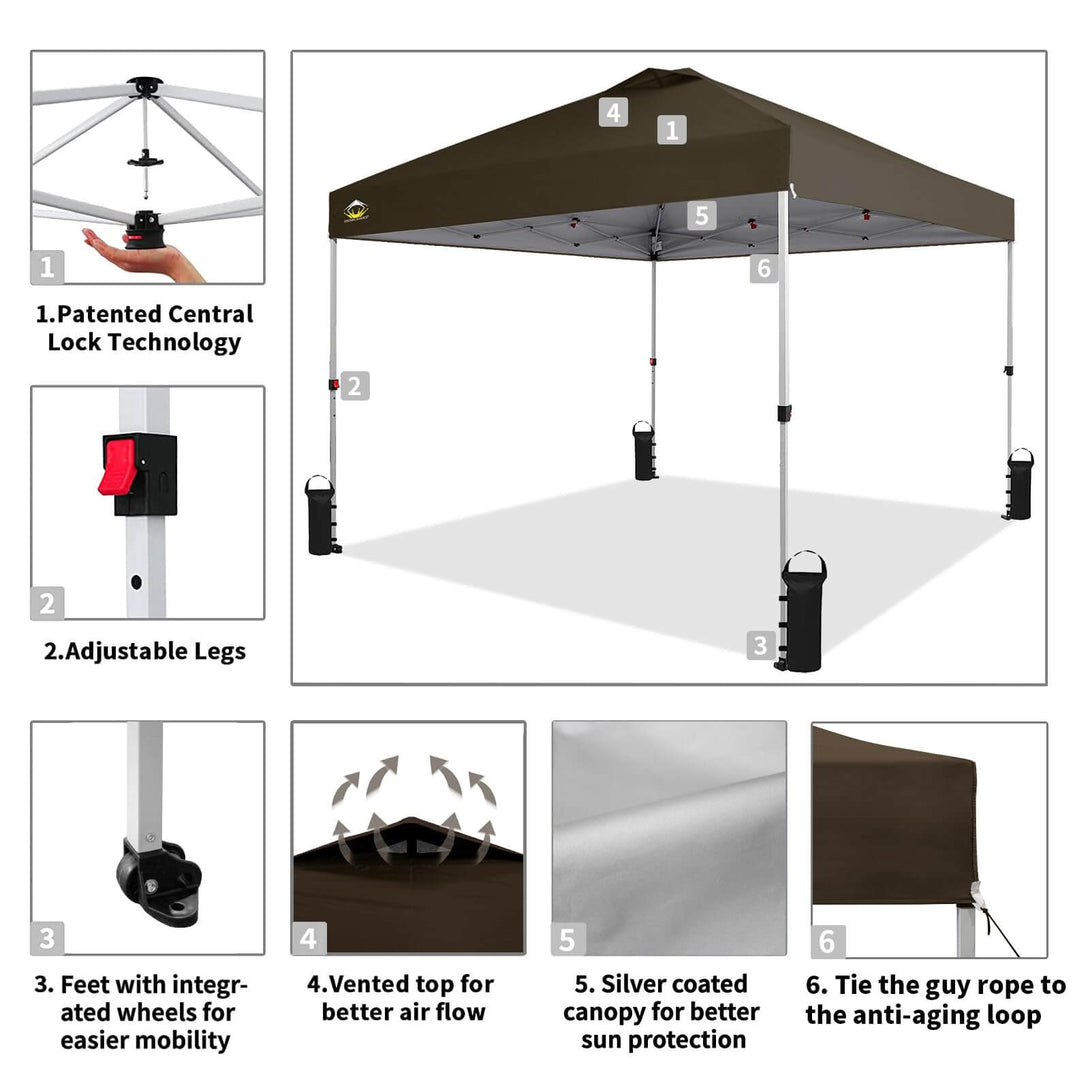 CROWN SHADES 10x10 Pop up Canopy Tent RM100H, Patented One Push Pop Up Tent with Wheeled Carry Bag