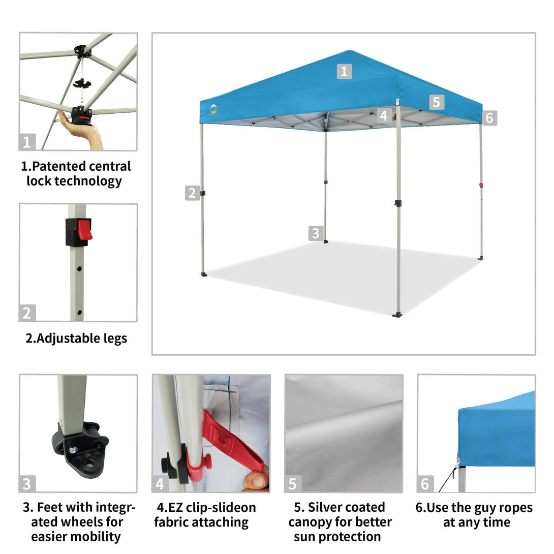 CROWN SHADES 8x8 Pop Up Canopy, Patented Center Lock One Push Tent Canopy, Newly Designed Storage Bag, 8 Stakes, 4 Ropes