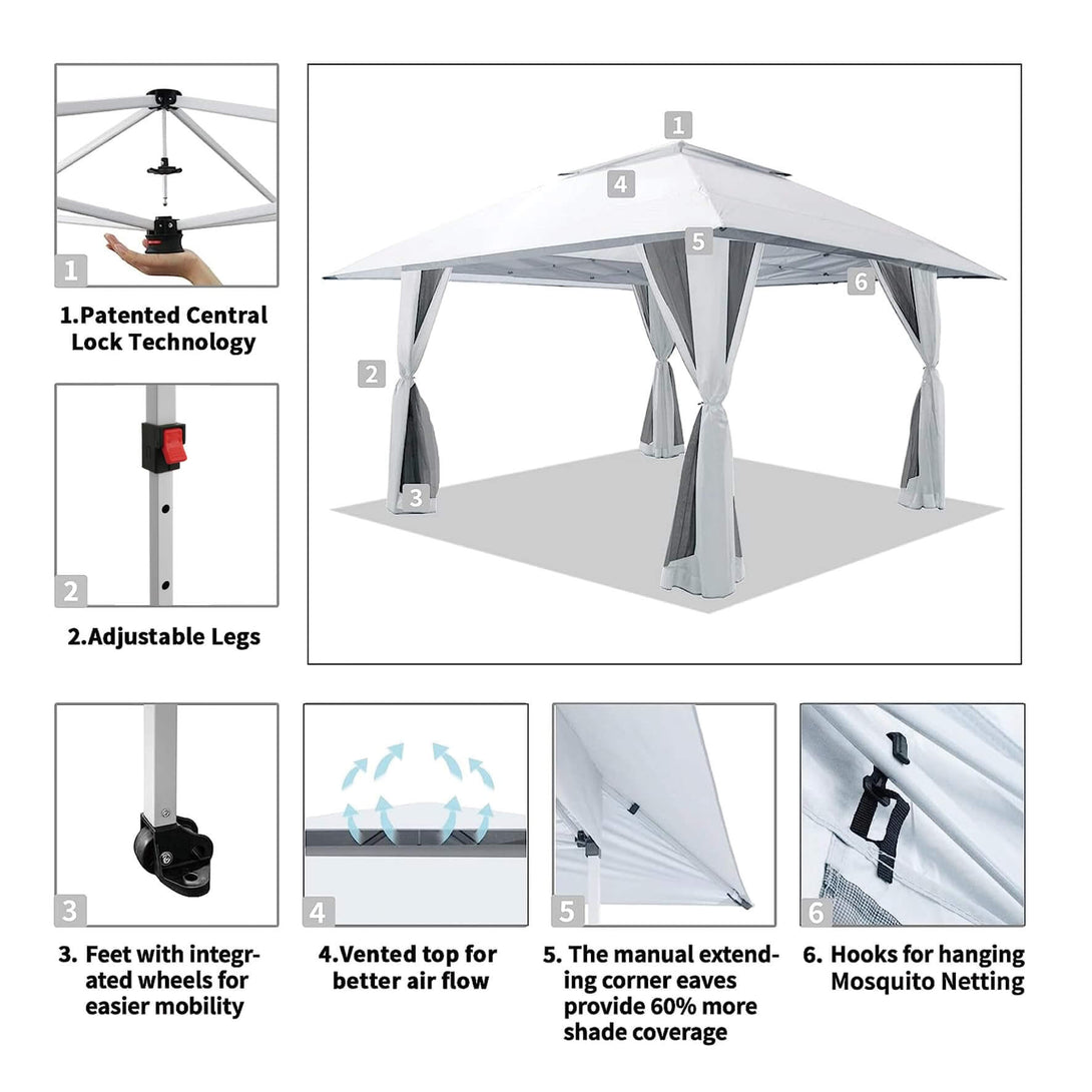 13X13 Outdoor Pop Up Gazebo Patented Center Lock Quick Setup  Instant Canopy Tent with Mosquito Nettings