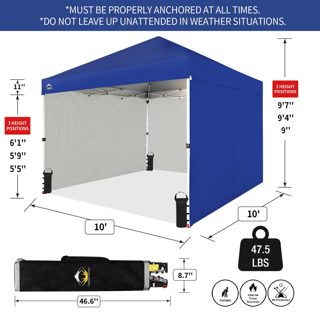 CROWN SHADES 10X10 Comercial Instant Canopy Pop Up Tent Patended Center Lock with 4 Sidewalls