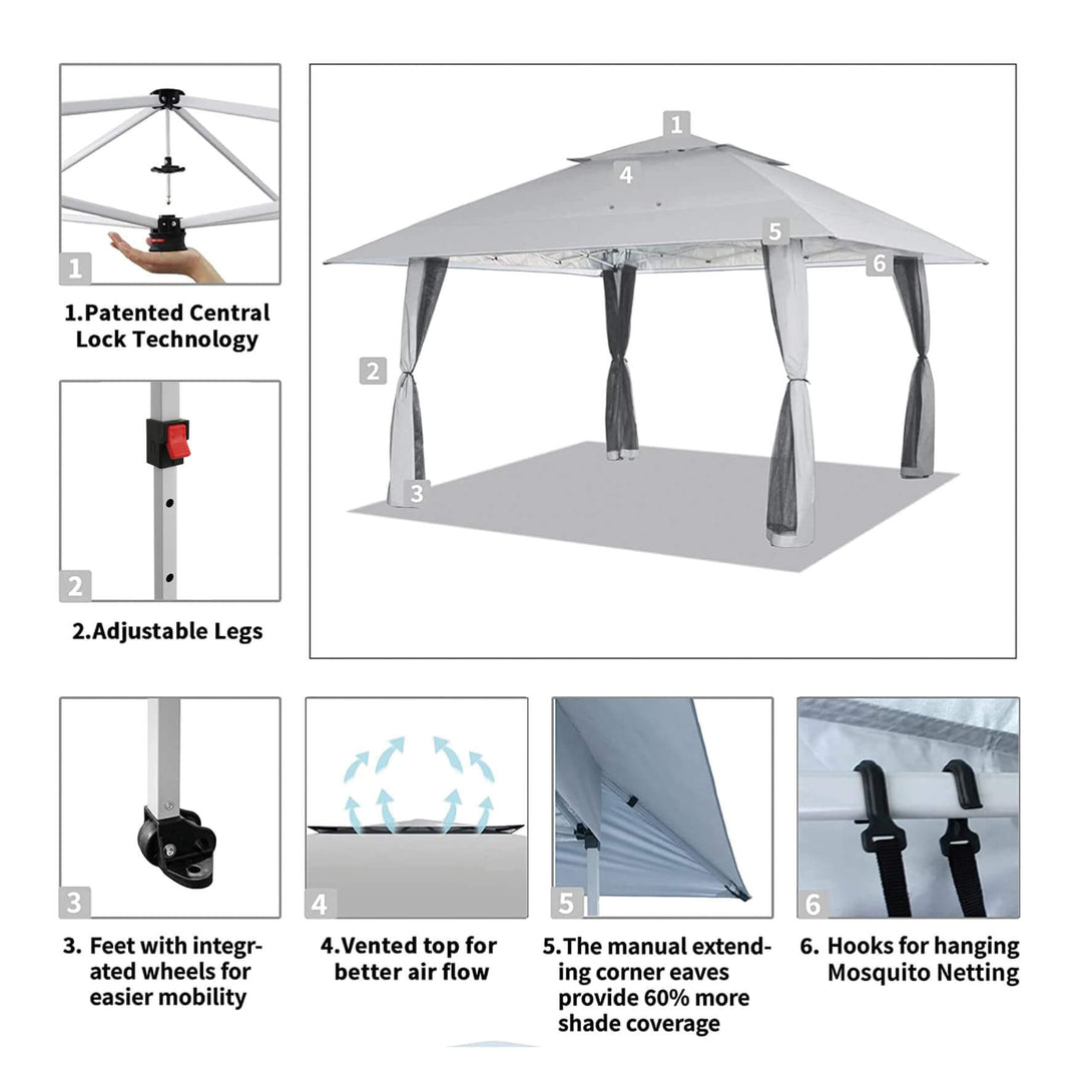 13X13 Outdoor Pop Up Gazebo Patented Center Lock Quick Setup  Instant Canopy Tent with Mosquito Nettings