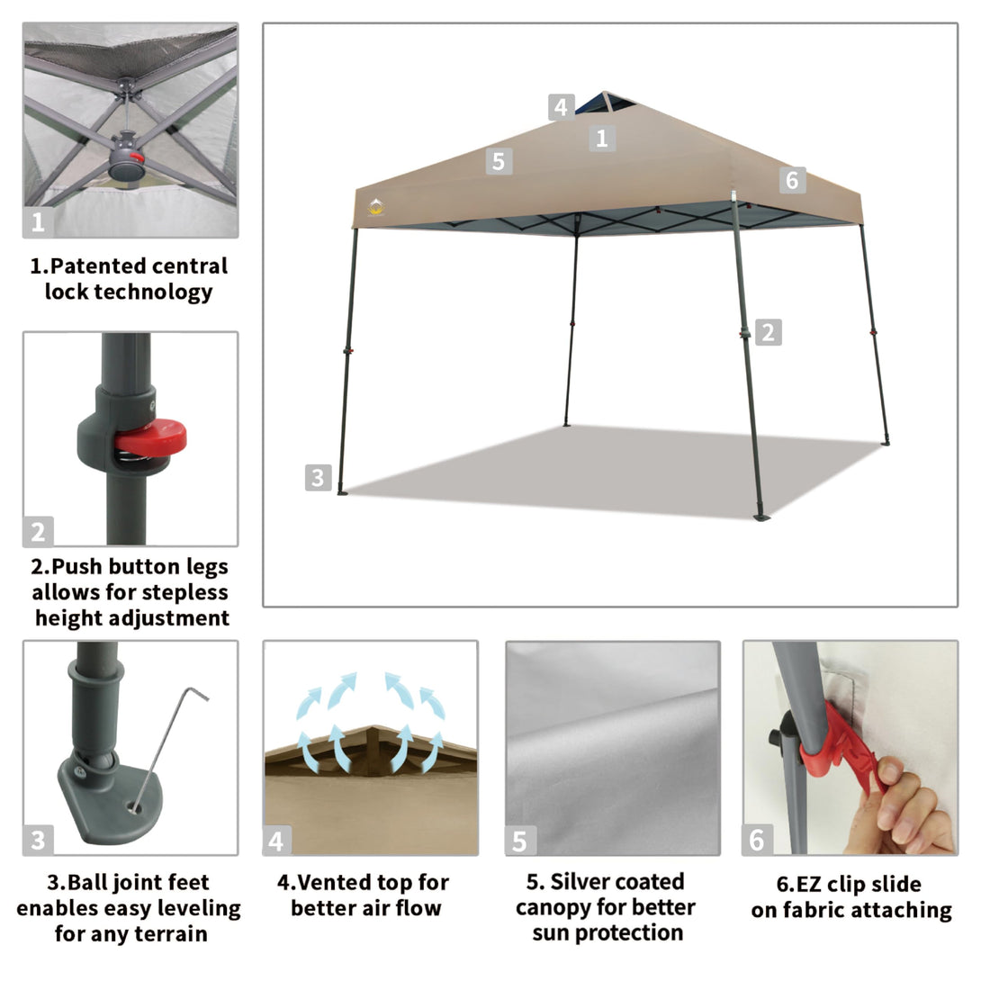 CROWN SHADES Canopy Tent 9x9 One Push Pop up Canopy Easy Up Canopy Bonus Wheeled Bag, 8 Stakes, 4 Ropes