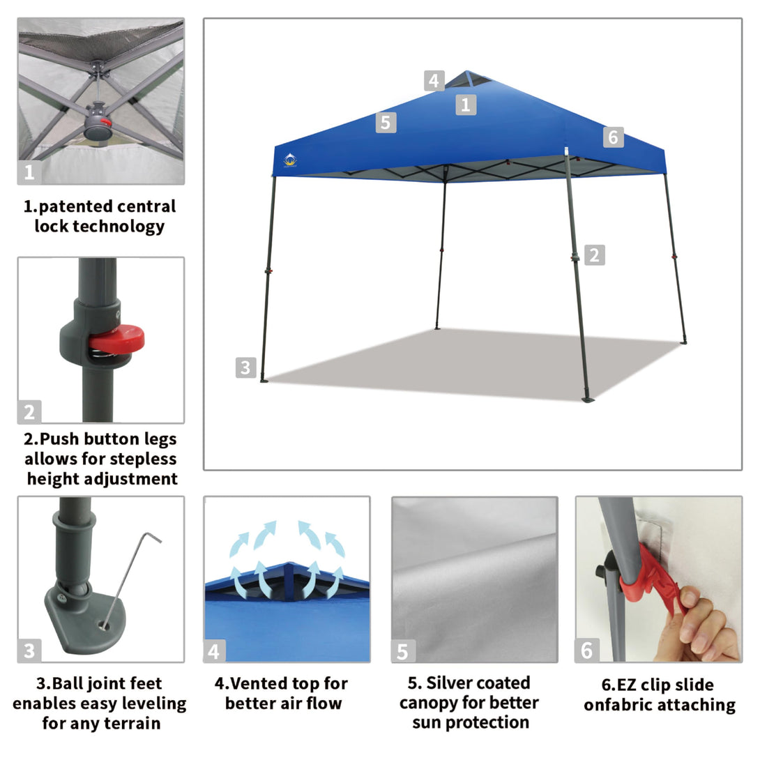 CROWN SHADES Canopy Tent 9x9 One Push Pop up Canopy Easy Up Canopy Bonus Wheeled Bag, 8 Stakes, 4 Ropes