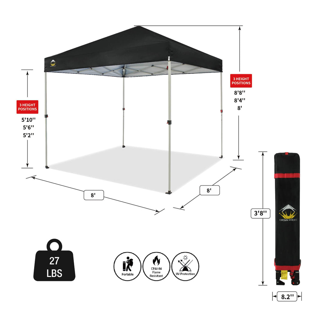 CROWN SHADES 8x8 Pop Up Canopy, Patented Center Lock One Push Tent Canopy, Newly Designed Storage Bag, 8 Stakes, 4 Ropes