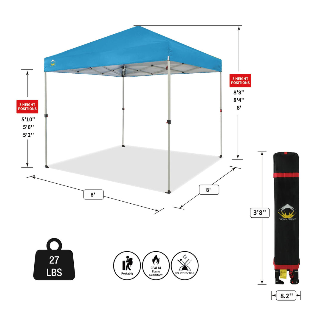 CROWN SHADES 8x8 Pop Up Canopy, Patented Center Lock One Push Tent Canopy, Newly Designed Storage Bag, 8 Stakes, 4 Ropes