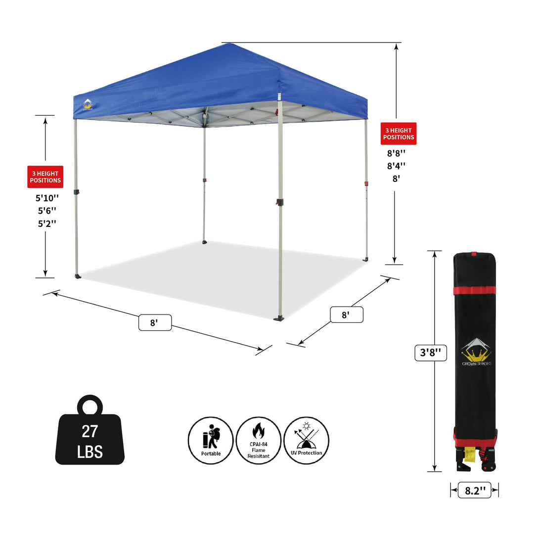 CROWN SHADES 8x8 Pop Up Canopy, Patented Center Lock One Push Tent Canopy, Newly Designed Storage Bag, 8 Stakes, 4 Ropes