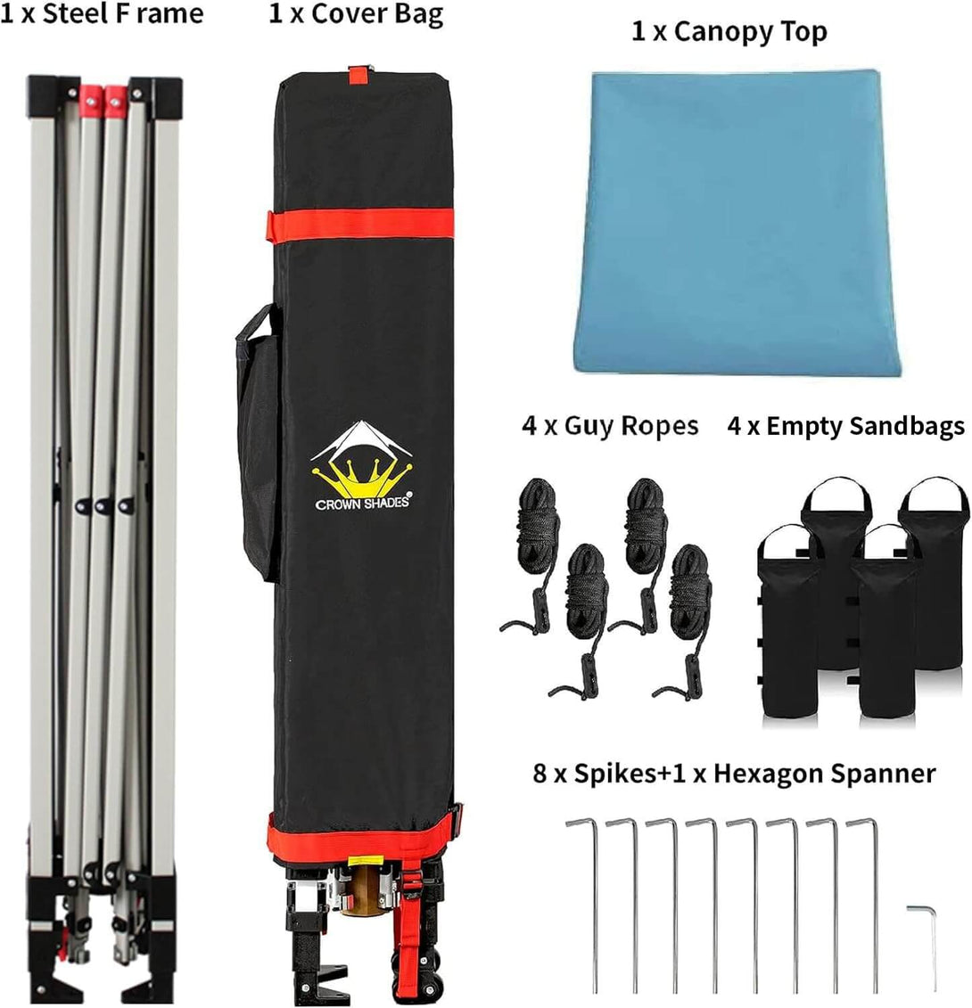 CROWN SHADES 8x8 Pop Up Canopy, Patented Center Lock One Push Tent Canopy, Newly Designed Storage Bag, 8 Stakes, 4 Ropes