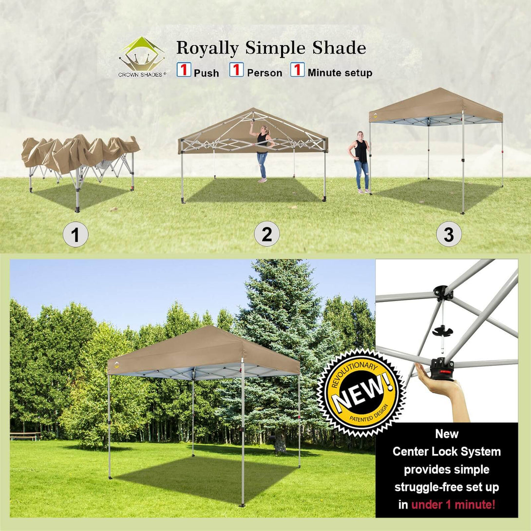 CROWN SHADES 8x8 Pop Up Canopy, Patented Center Lock One Push Tent Canopy, Newly Designed Storage Bag, 8 Stakes, 4 Ropes