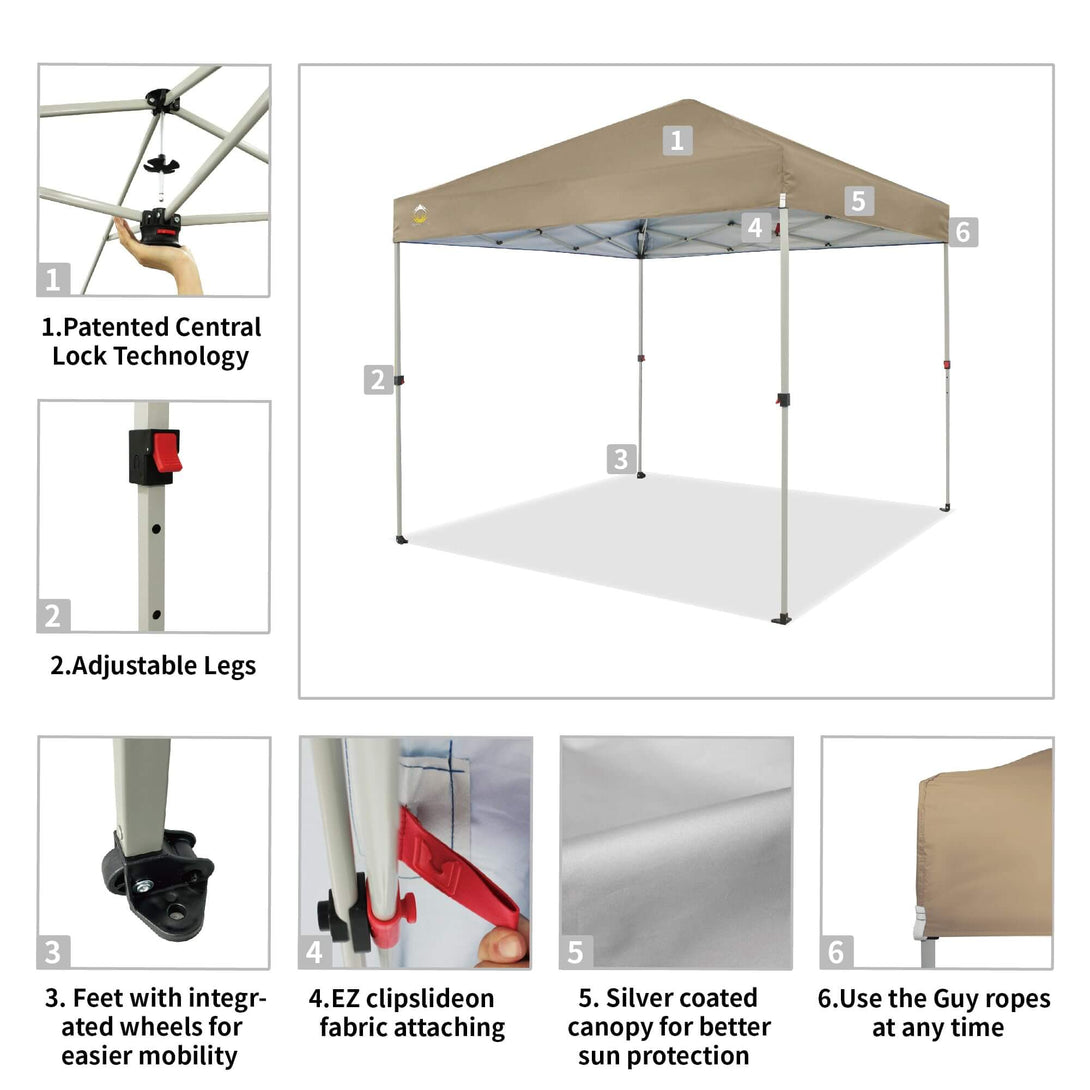 CROWN SHADES 8x8 Pop Up Canopy, Patented Center Lock One Push Tent Canopy, Newly Designed Storage Bag, 8 Stakes, 4 Ropes