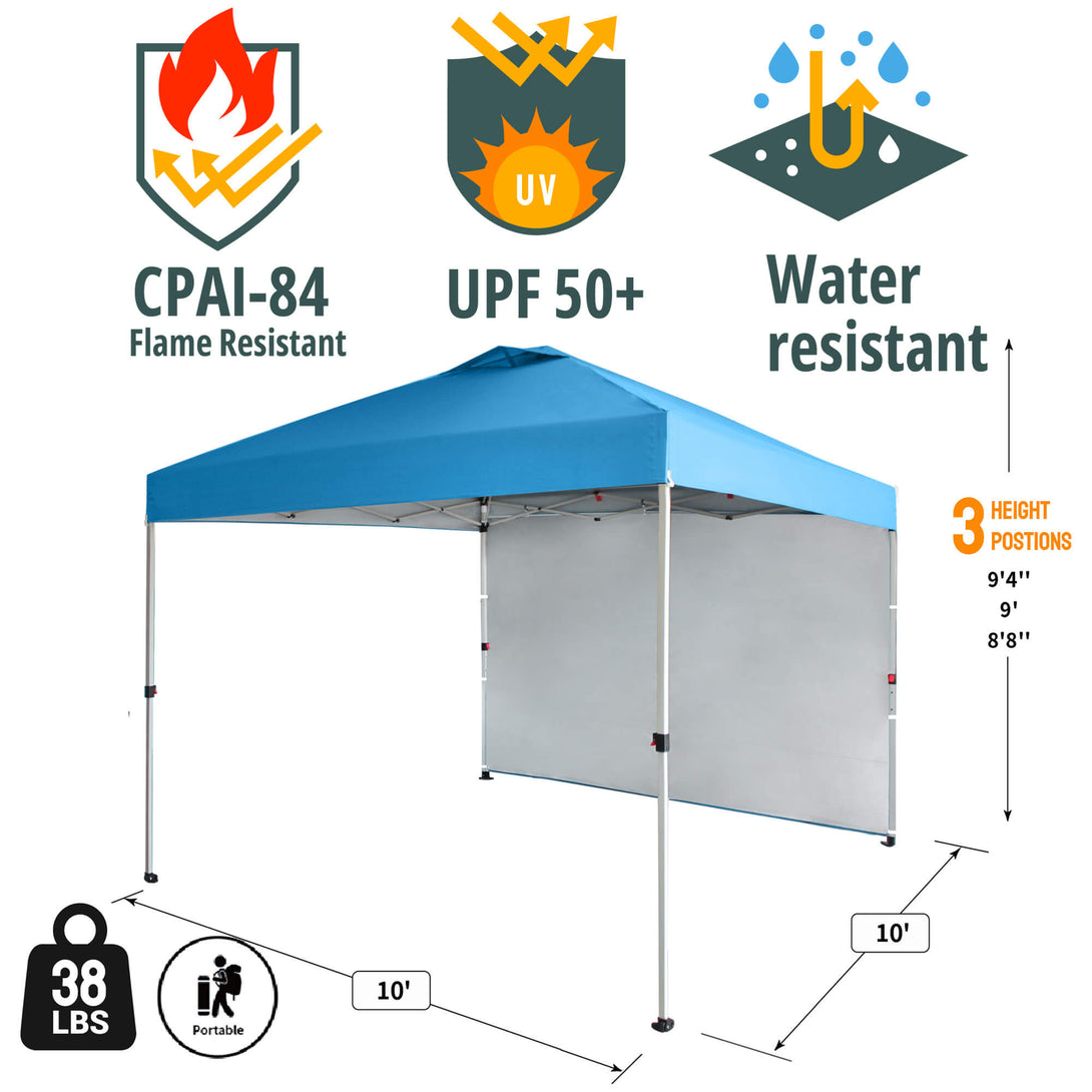 CROWN SHADES 10x10 Pop Up Canopy with 1 Side Wall - Beach Tent with One Push Setup