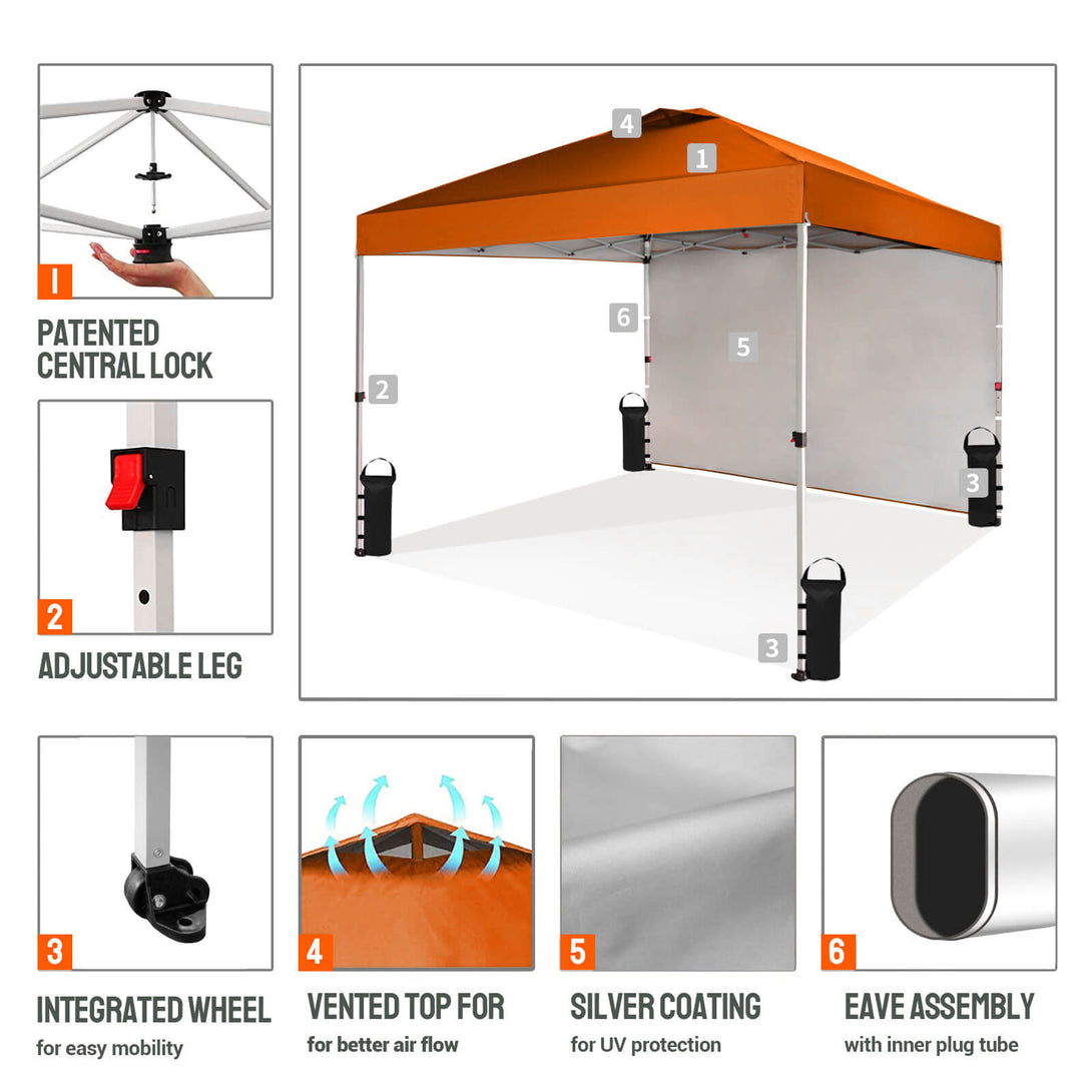 CROWN SHADES 10x10 Pop Up Canopy with 1 Side Wall - Beach Tent with One Push Setup