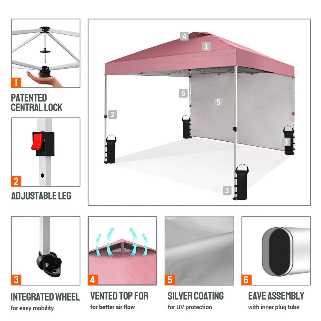 CROWN SHADES 10x10 Pop Up Canopy with 1 Side Wall - Beach Tent with One Push Setup